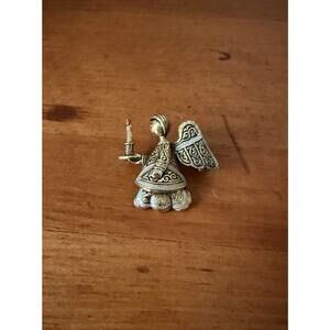 Vintage Damascene Angel Brooch Toledo Spain Gold Black Enamel Christmas Angel